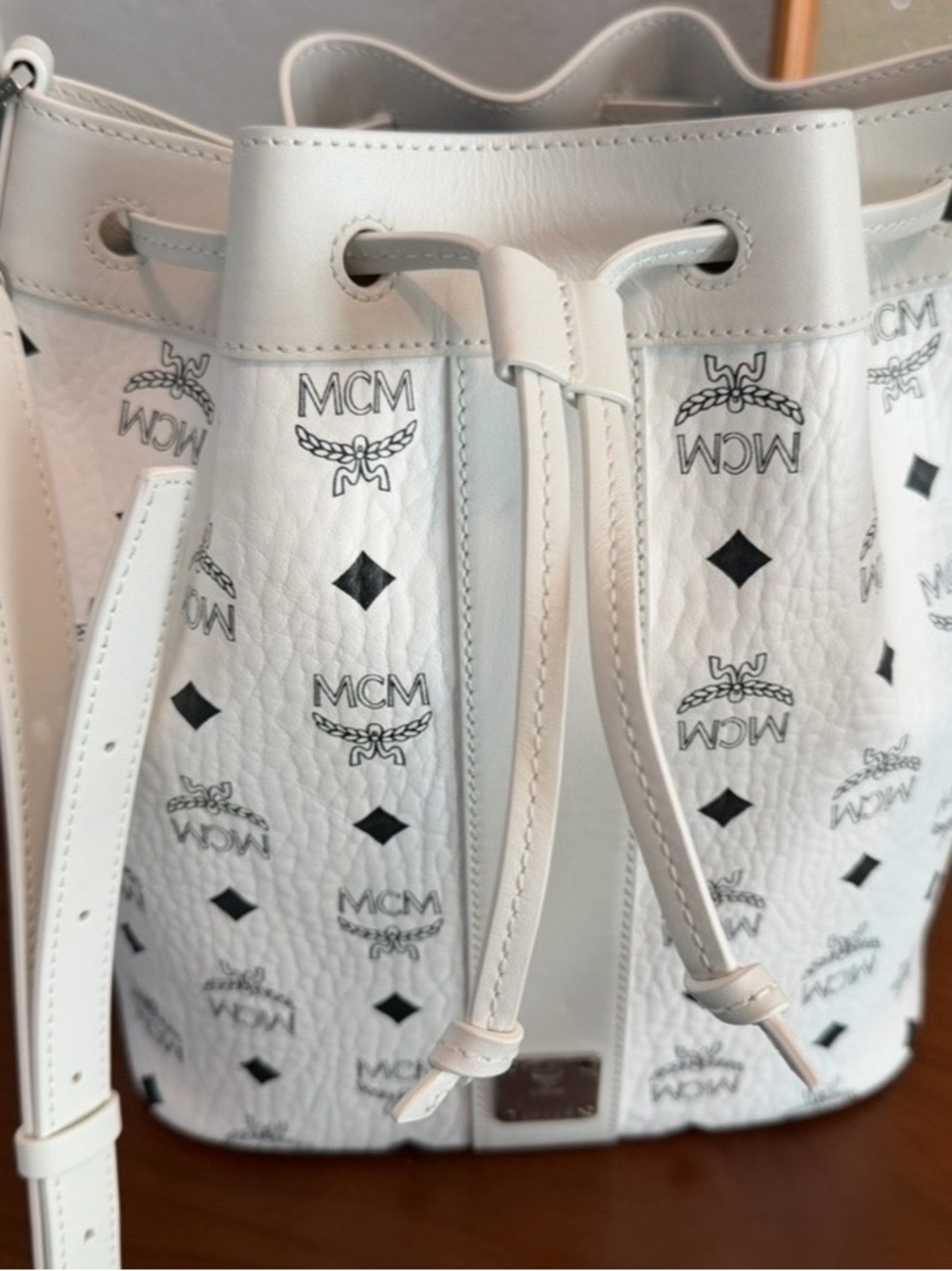 MCM White Logo Drawstring Bucket Bag with Black Motif, Authentic